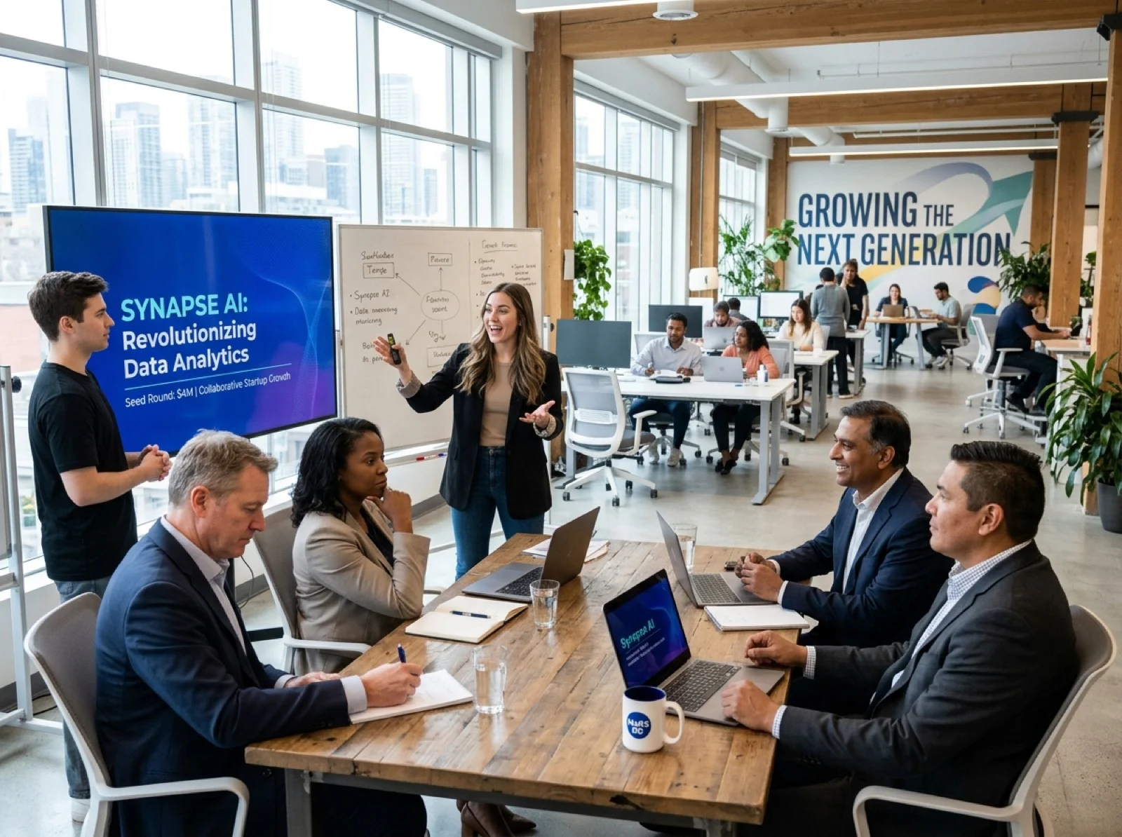 Team in discussion in a workspace